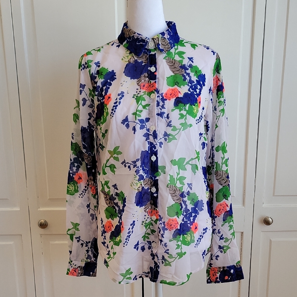 Floral Button-Front Women's Shirt in White with Blue & Green Print
